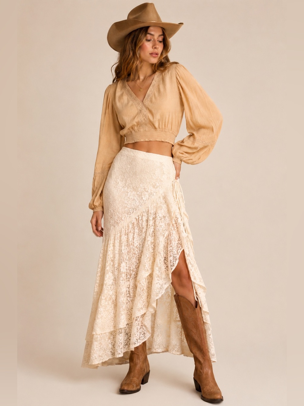 NWT Western Boho Band of the Free Camel Balloon Sleeve Blouse Size XS